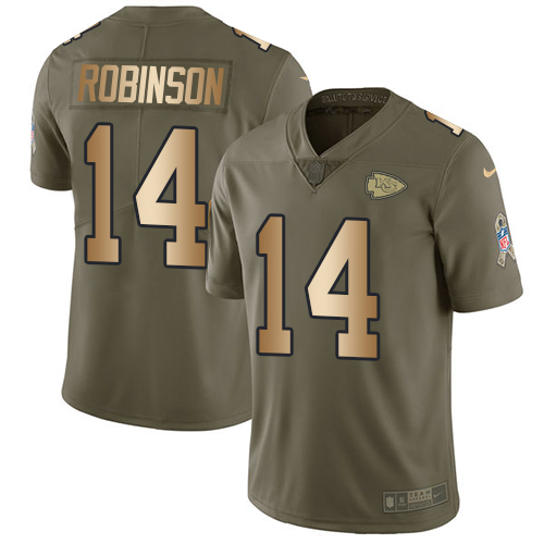 Youth Nike Kansas City Chiefs #14 Demarcus Robinson Limited Olive/Gold 2017 Salute to Service NFL Jersey J6L2